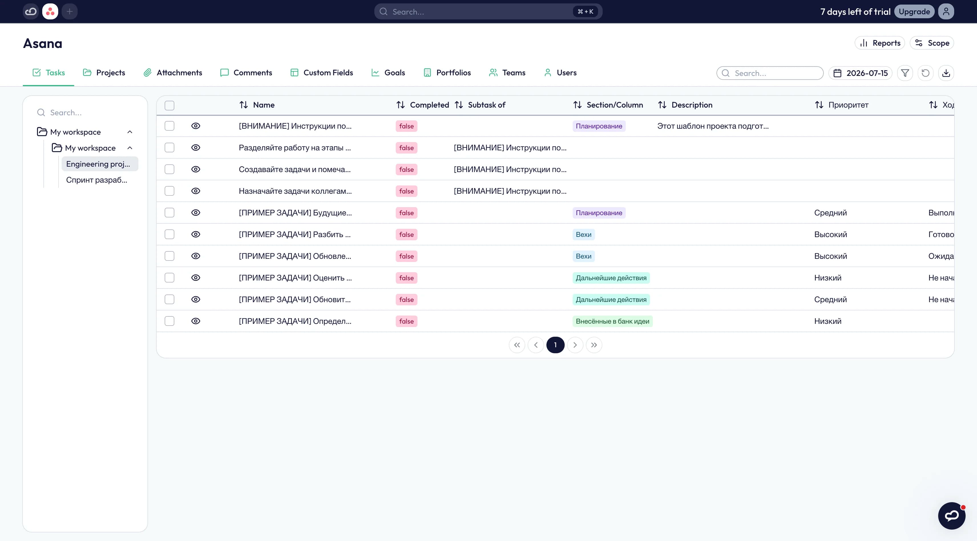 Таблица с иерархией и массивом данных резервных копий Asana в ProBackup
