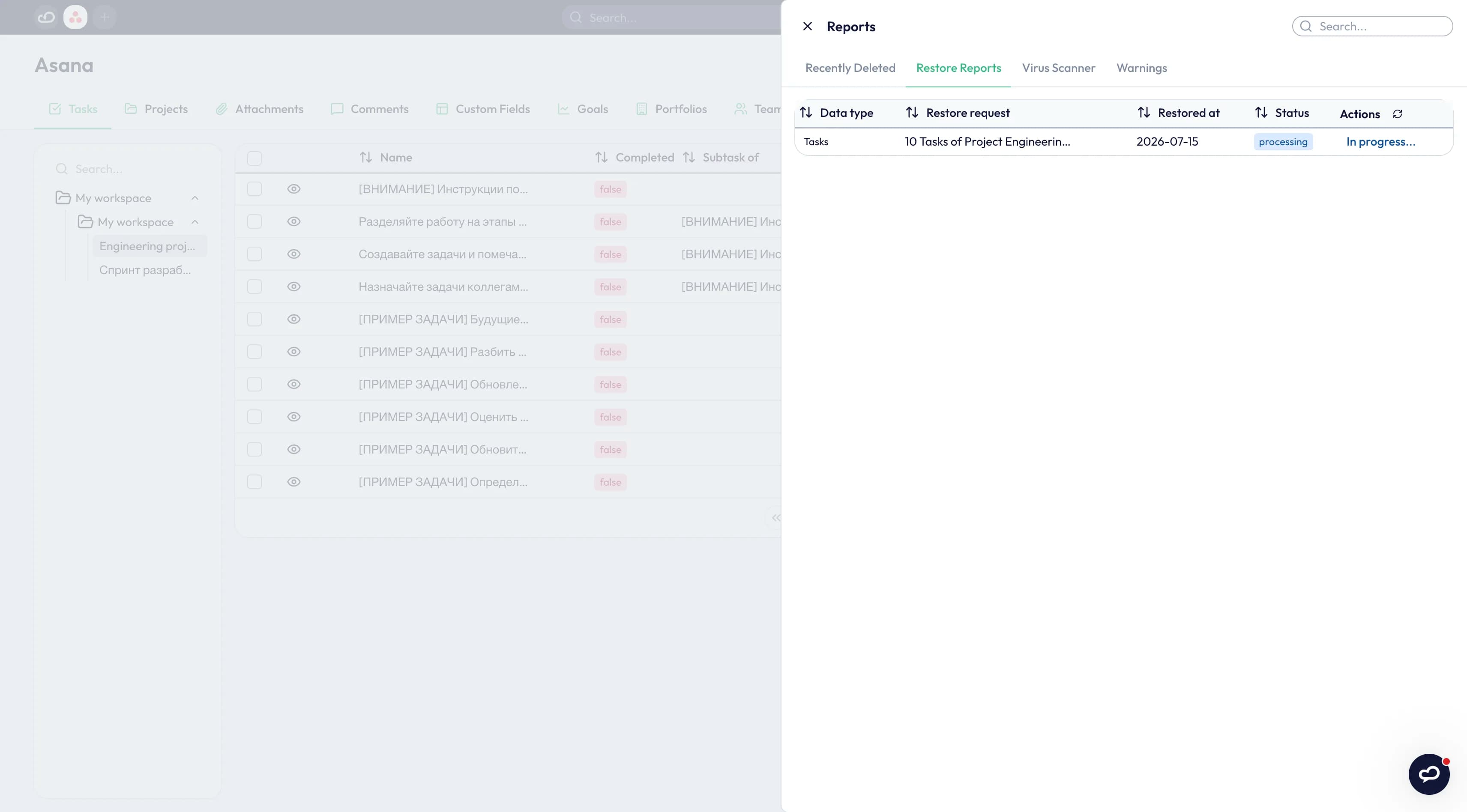 Отчёт ProBackup о выполнении запроса на восстановление данных